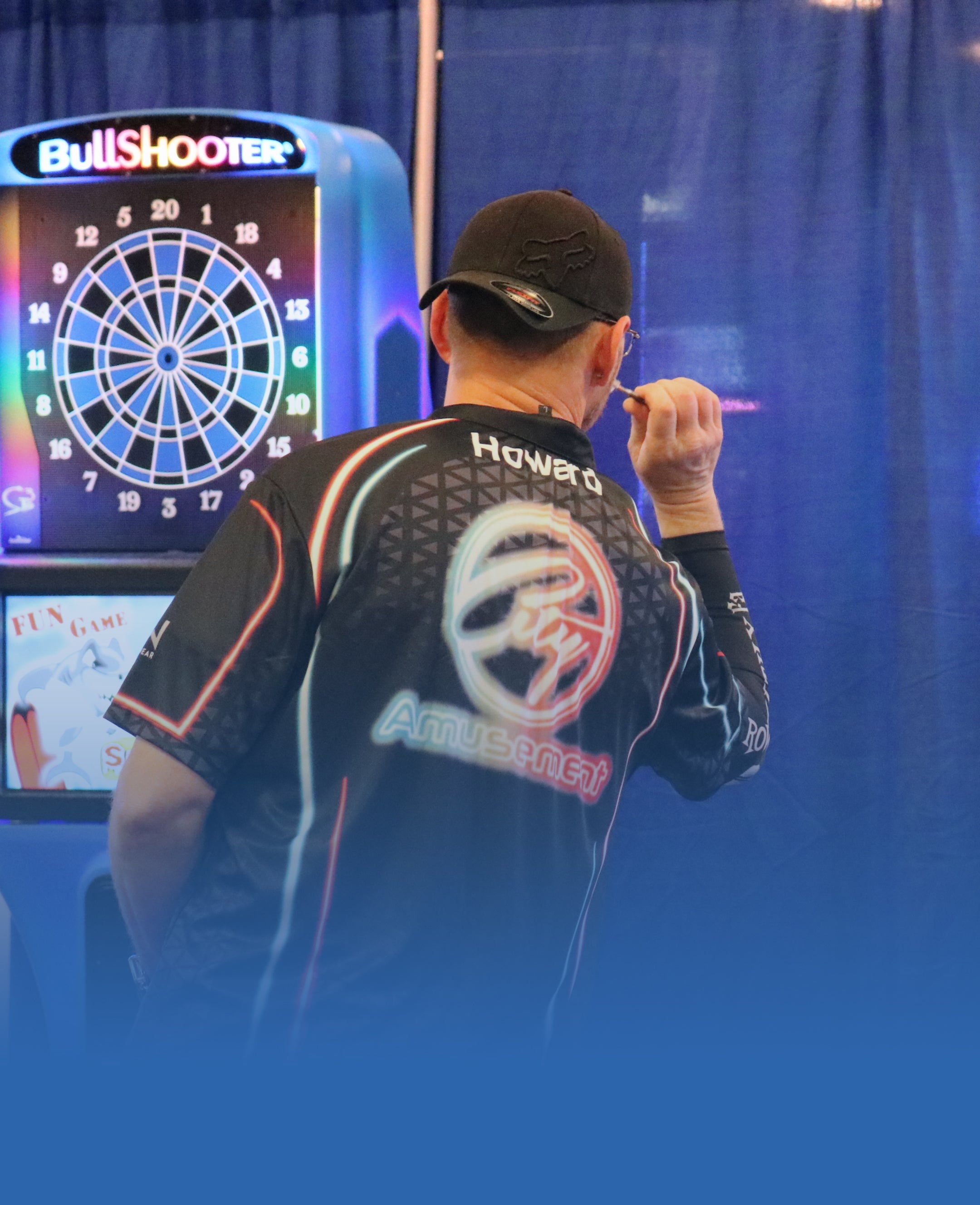 Example of a darts player wearing a final design with custom colors and logos added after purchasing a Template design fee.
