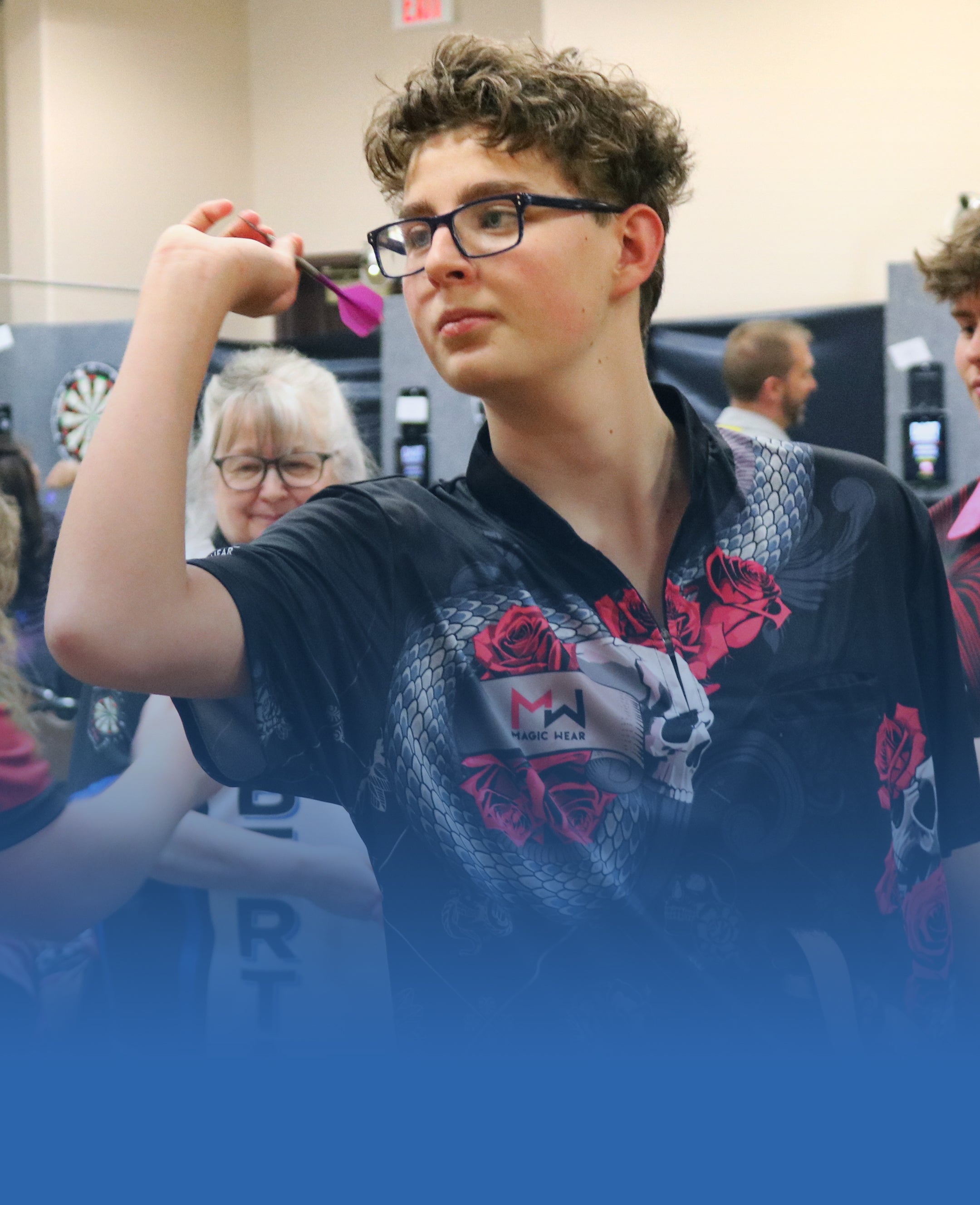 Darts Player posing with a Deadly Roses sports jersey by Magic Wear.
