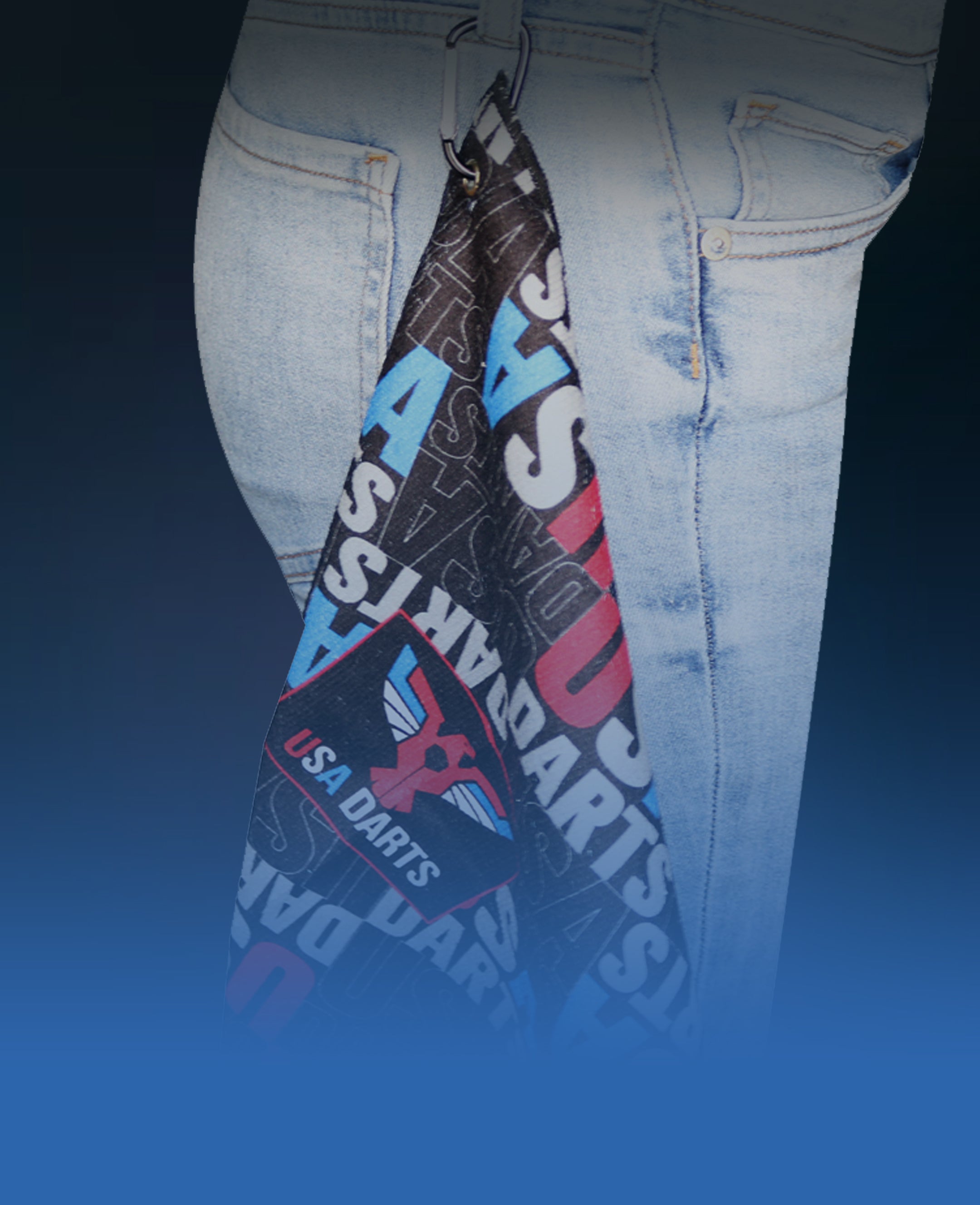 USA Darts Hand Towel accessory hanging from the hip of a darts player.
