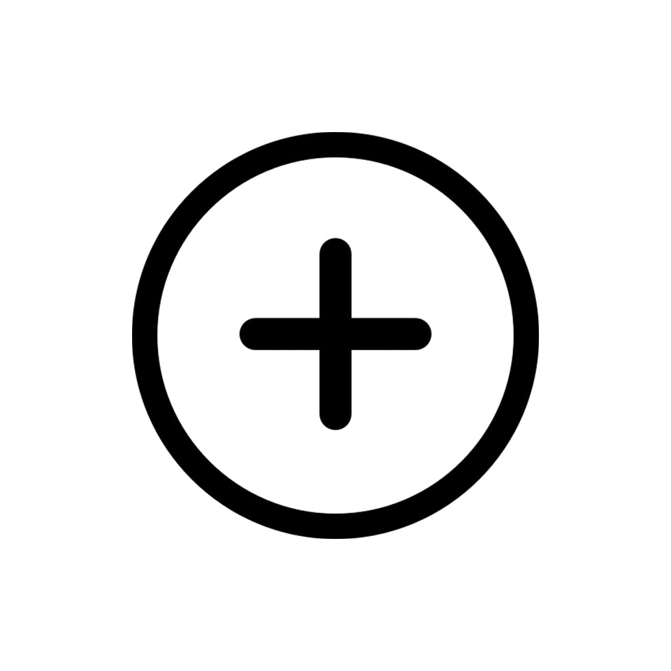 Black plus sign (+) inside a circle on a white background