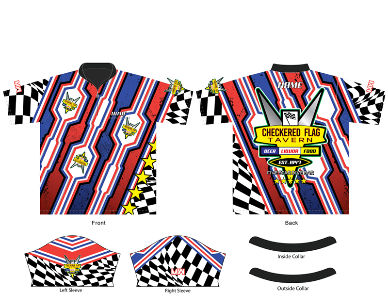 Checkered Flag Tavern darts themed fully custom jersey design based on the provided customer sketch.