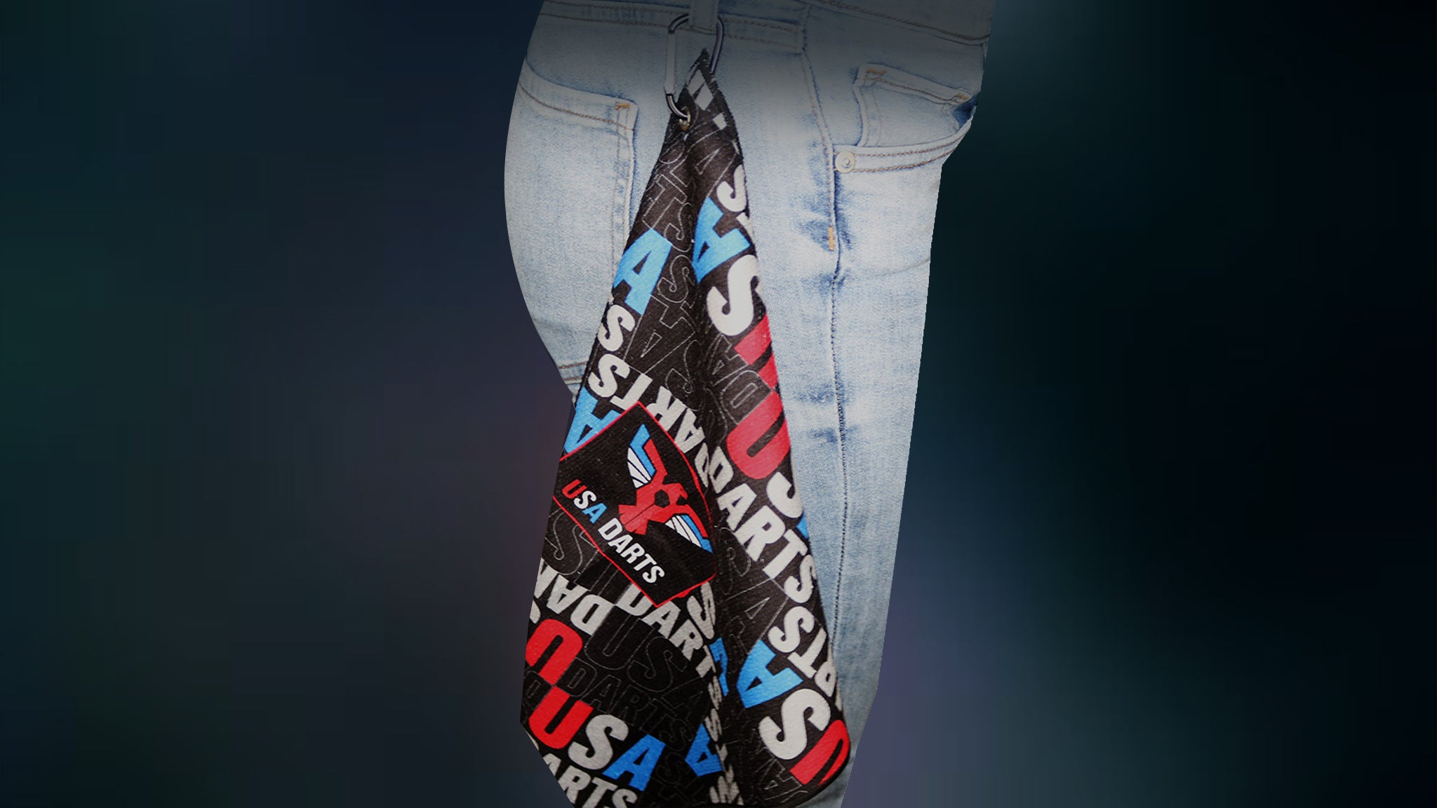 Person wearing a custom darts hand towel featuring a usa darts production pattern and logo.