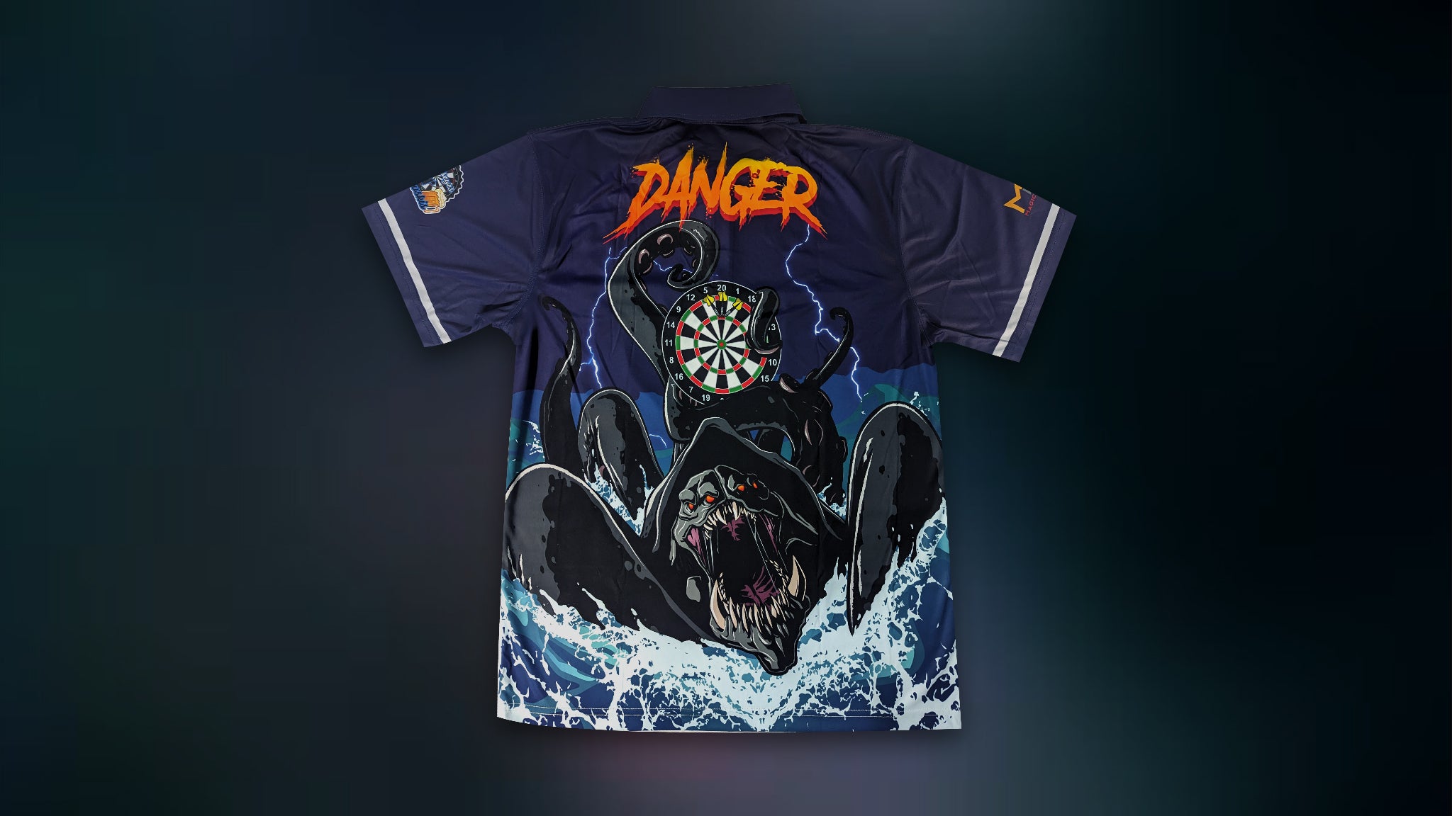 Example of a fully custom artwork design of a darts themed kraken requested by a customer.