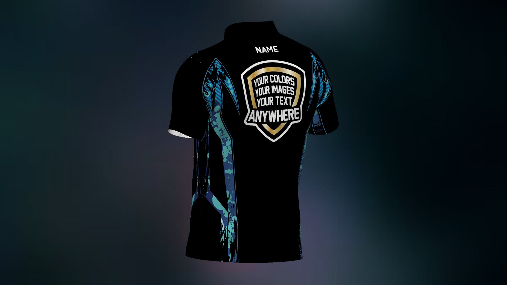 Example of a Magic Wear Template Design in a black and blue color scheme with emblem displayed explaining you can change the colors, add images and add text to your Template.