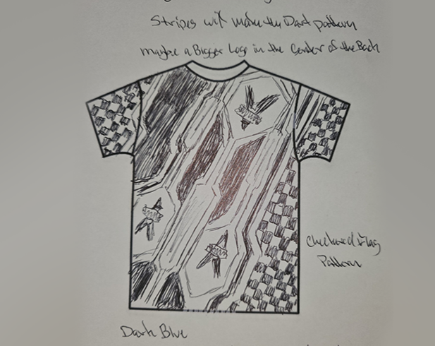 Hand-drawn sketch of a jersey with a detailed pattern provided by the customer.