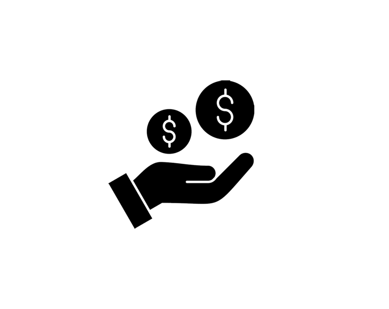 Icon of hand with two currency bubbles to symbolize purchasing a design fee.
