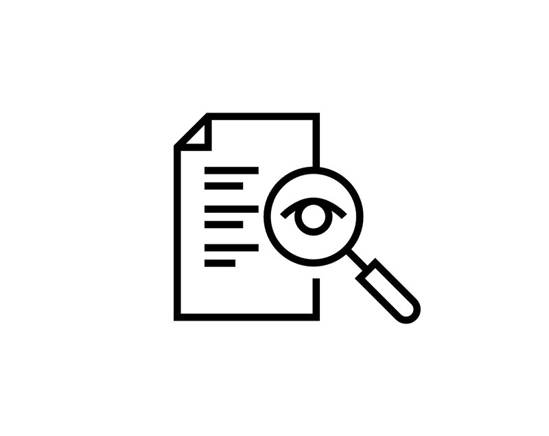 Icon of a document with a magnifying glass and eye symbol, representing document inspection or review.
