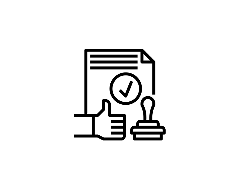 Icon of a document with a check mark, hand, and stamp to symbolize approving your design.