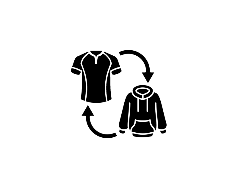 Icon of a shirt and hoodie with arrows indicating a cycle to symbolize the transfer of one artwork design to a different type of apparel.